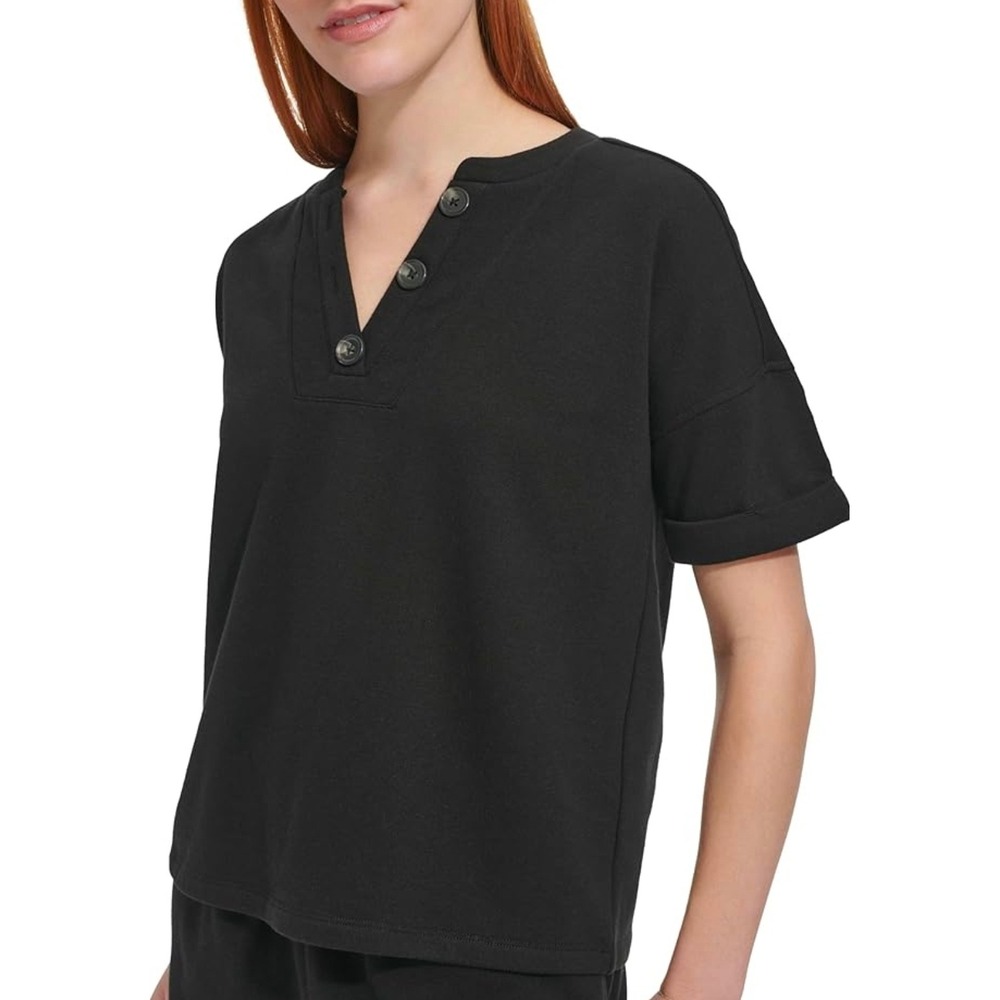 Andrew Marc Women's Short Sleeve V-Neck French Terry Pullover Sweatshirt Size L